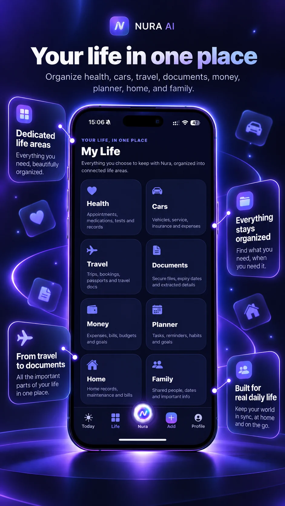 NURA AI My Life app showcase with Health, Cars, Travel, Documents, Money, Planner, Home and Family sections