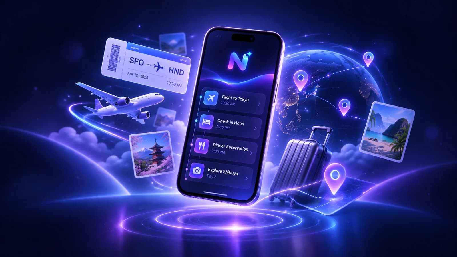 NURA AI travel organization with itinerary, booking and location context