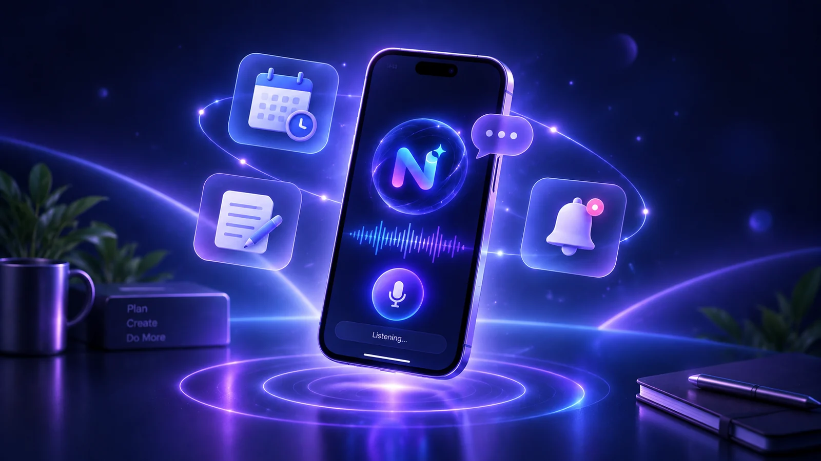 NURA AI voice assistant with microphone, smart actions and reminders