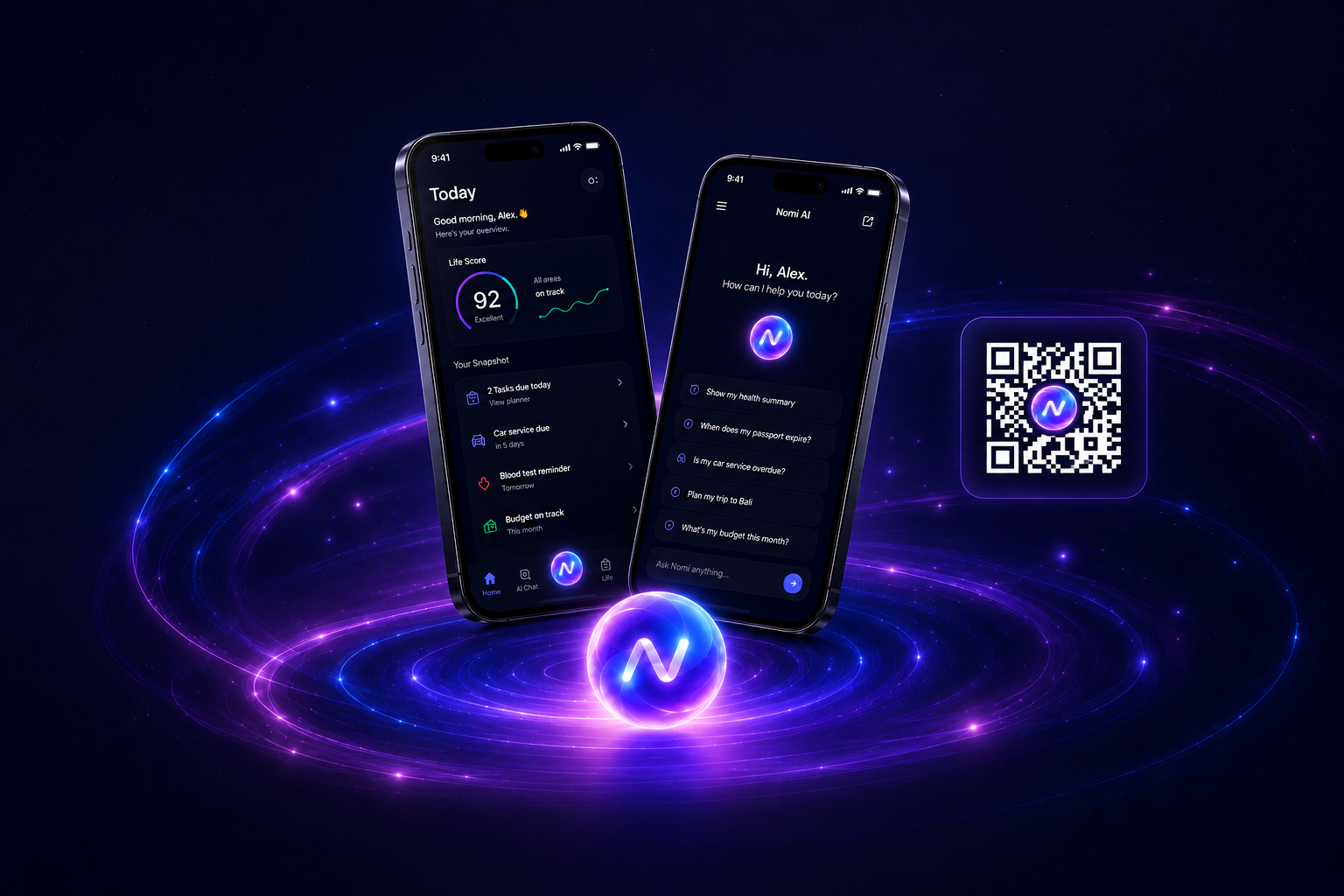 NURA AI dark mode mobile app with phone mockups, glowing orbital visual, and QR code